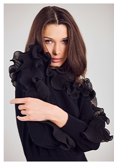 Black Long Sleeve Pullover Knit With Black Ruffle Details