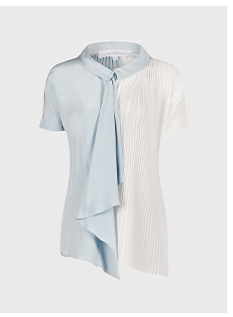 Oversized Blue and White Silk Shirt With Cascading Ruffle