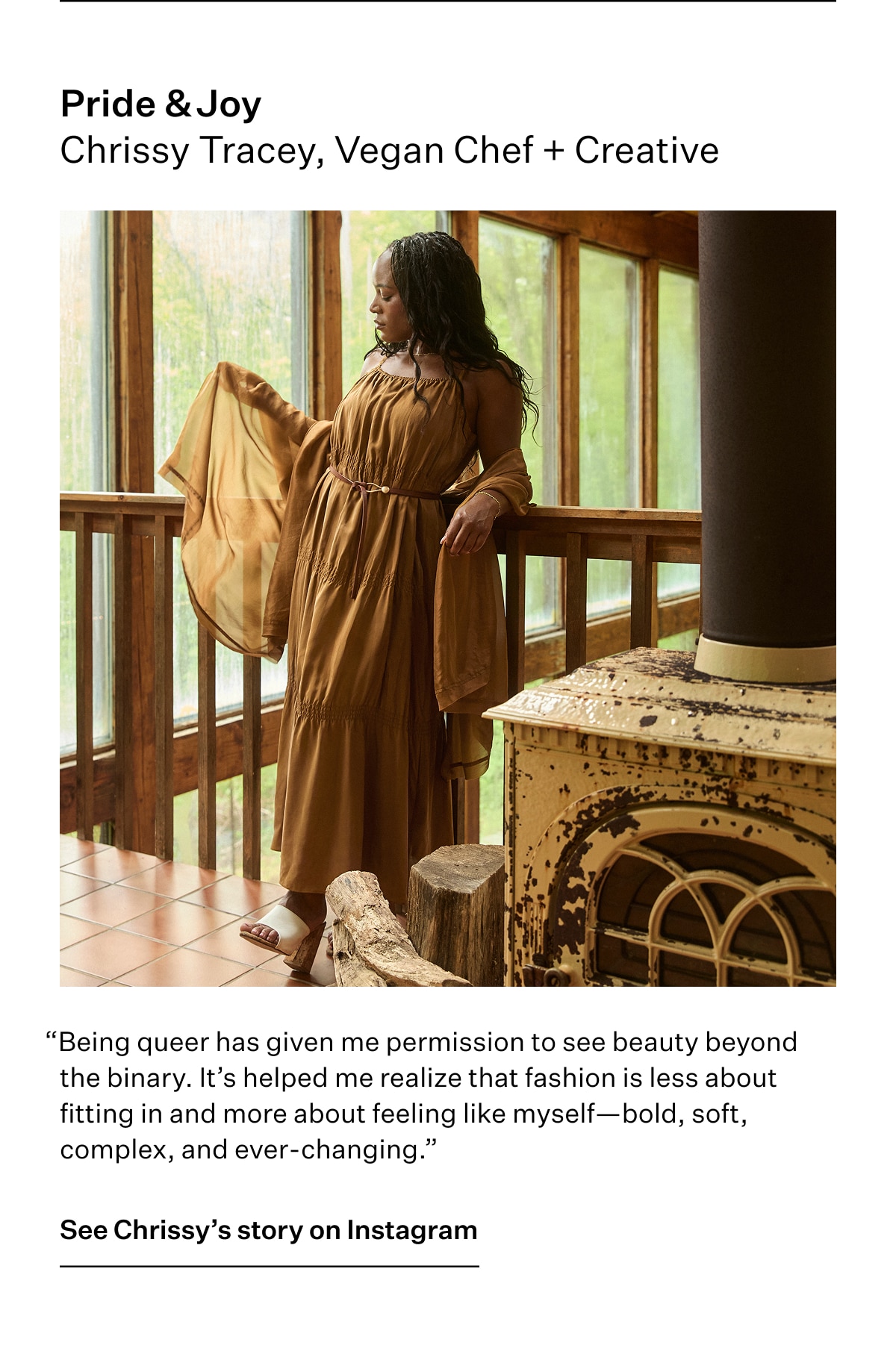 Pride & Joy. Chrissy Tracey, Vegan Chef + Creative. 'Being queer has given me permission to see beauty beyond the binary. It's helped me realize that fashion is less about fitting in and more about feeling like myself?bold, soft, complex, and ever-changing.' See Chrissy's story on Instagram
