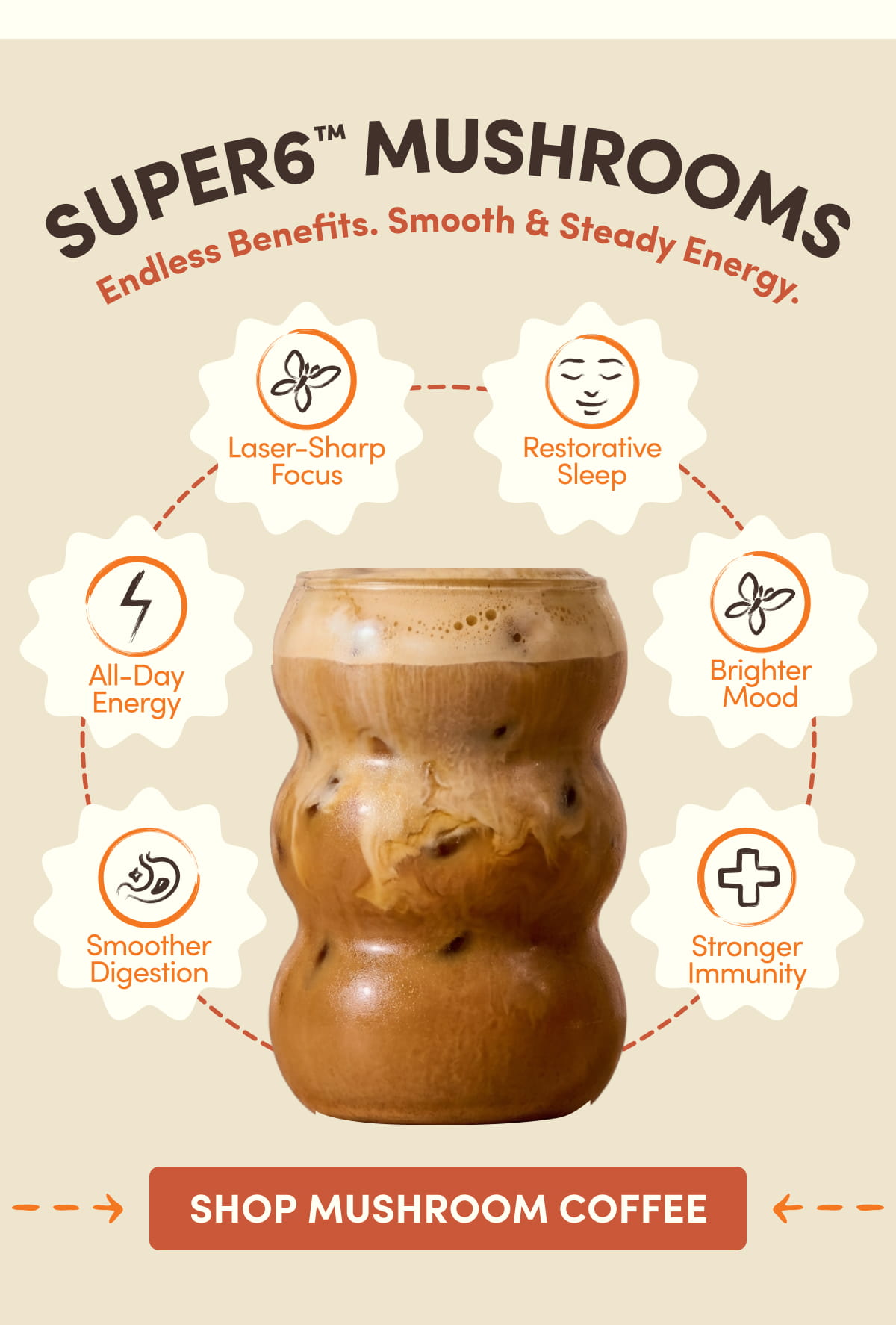 SUPER6™ MUSHROOMS | Endless Benefits. Smooth & Steady Energy. SHOP MUSHROOM COFFEE