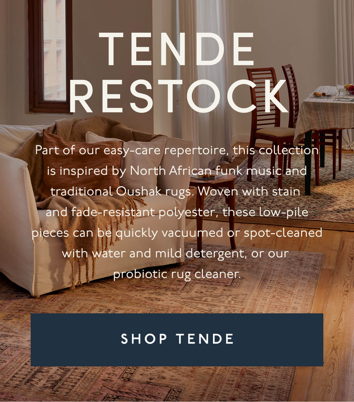 TENDE RESTOCK | Part of our easy-care repertoire, this collection is inspired by North African funk music and traditional Oushak rugs. Woven with stain and fade-resistant polyester, these low-pile pieces can be quickly vacuumed or spot-cleaned with water and mild detergent, or our probiotic rug cleaner. | [ SHOP TENDE ]