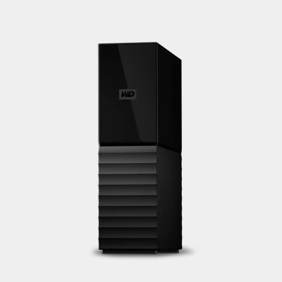 Black Western Digital My Book external hard drive standing upright.