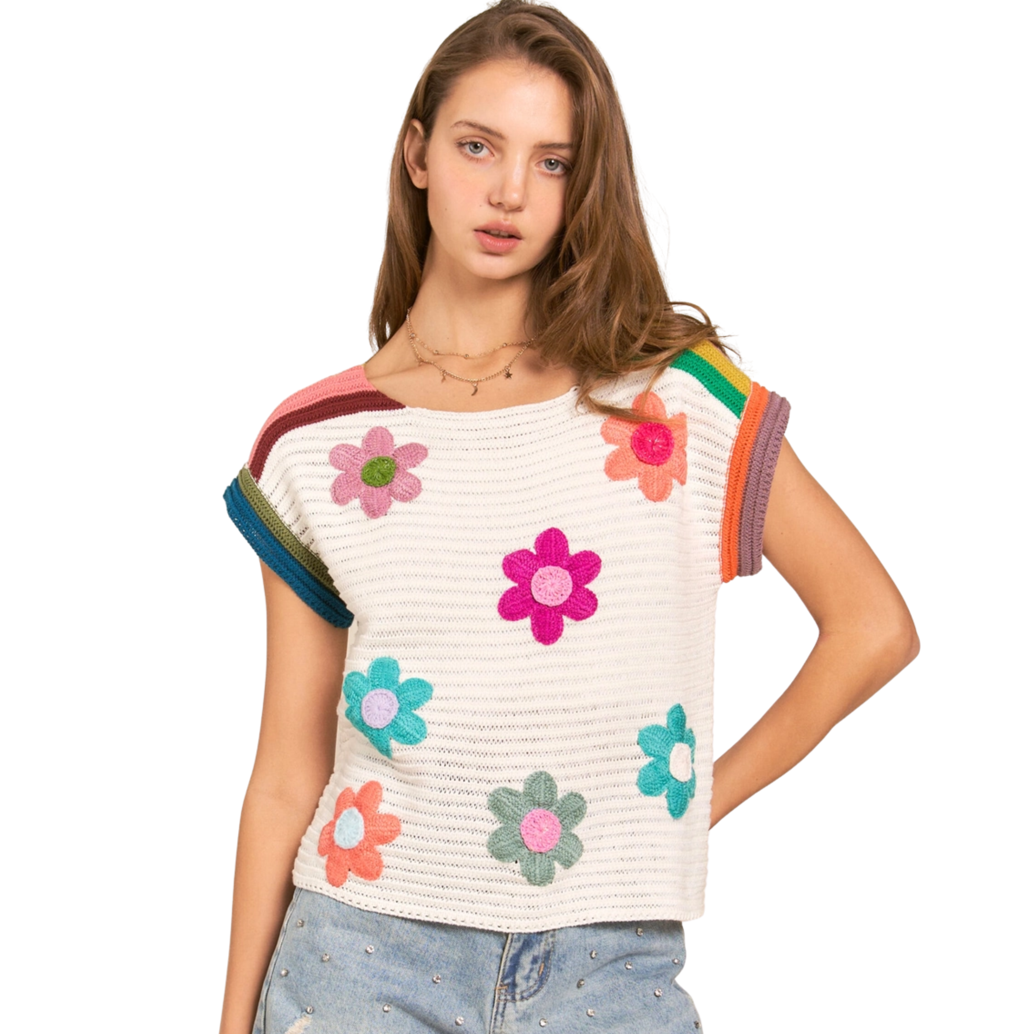 Image of Flower Embroidered Knit Top