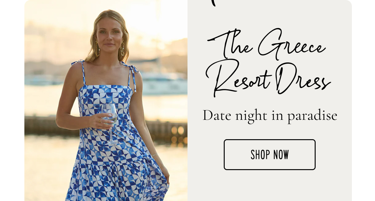 The Greece Resort Dress Effortless polish, after dark.