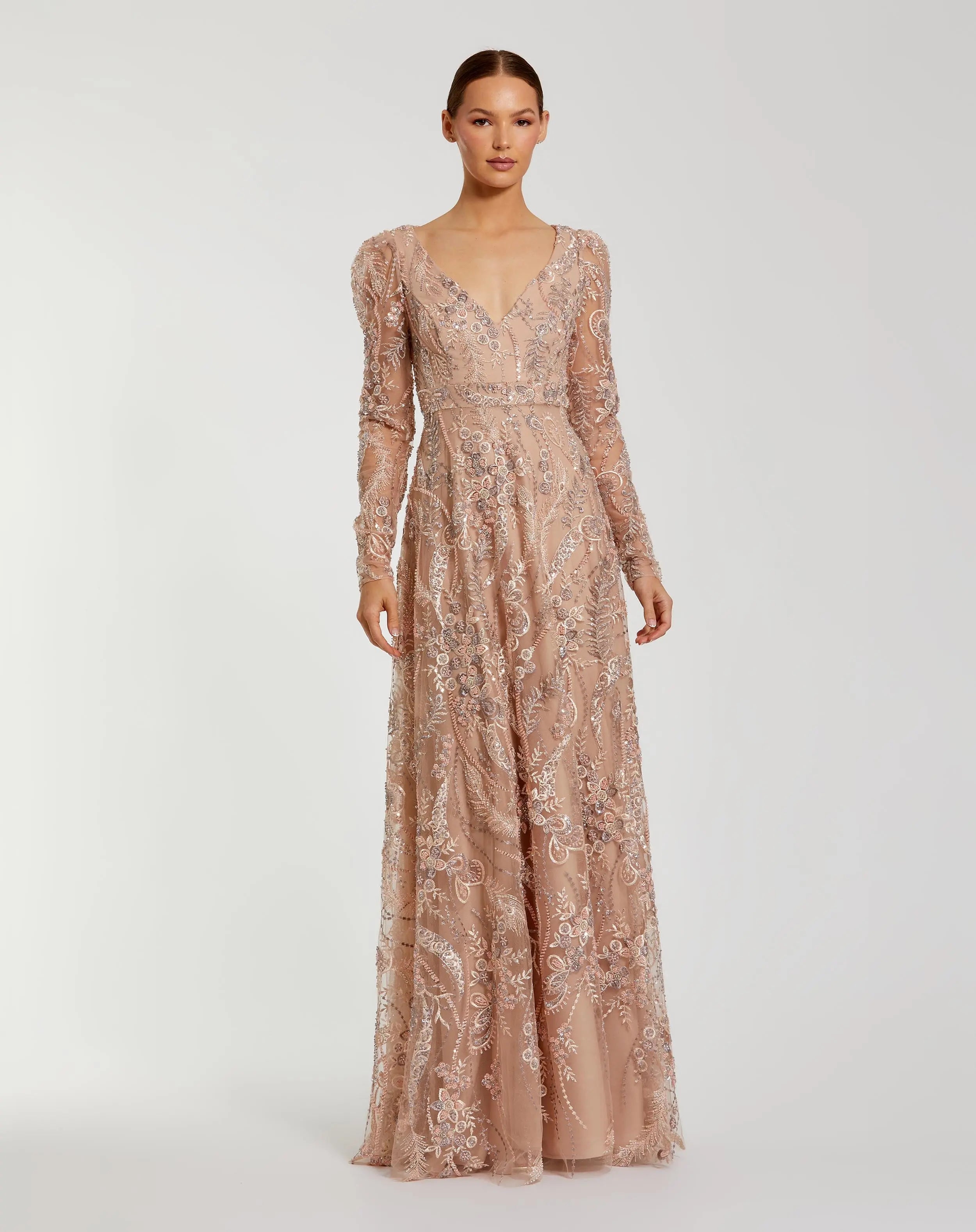 Image of Beige Embroidered Long Sleeve V Neck Gown