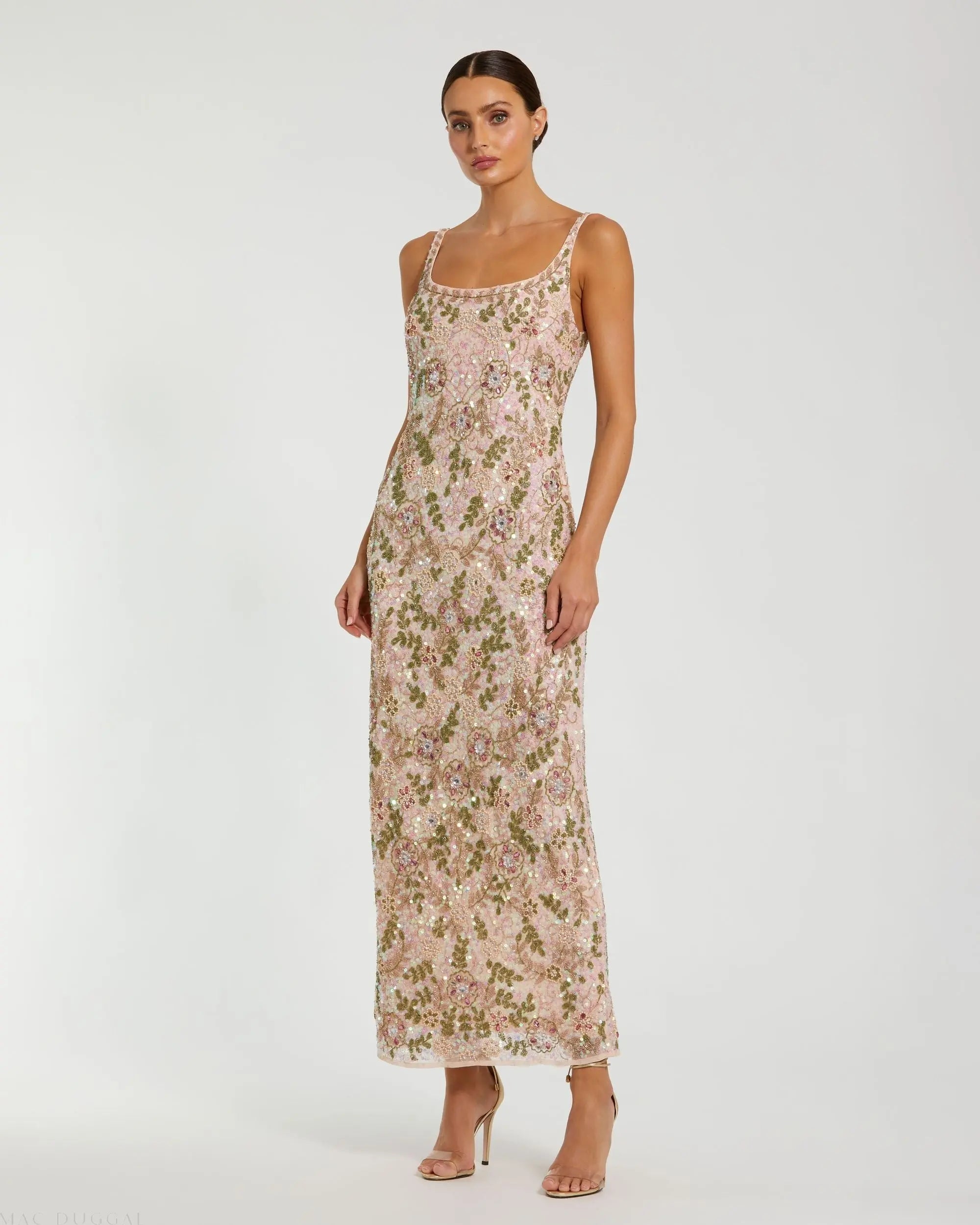 Image of Pink Sleeveless Hand Embellished Floral Maxi Dress