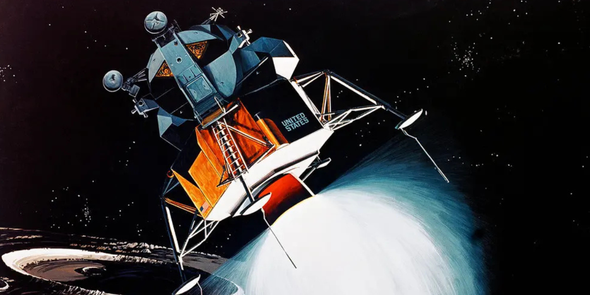 Artist rendering of a lunar module firing its rockets near the surface of the moon