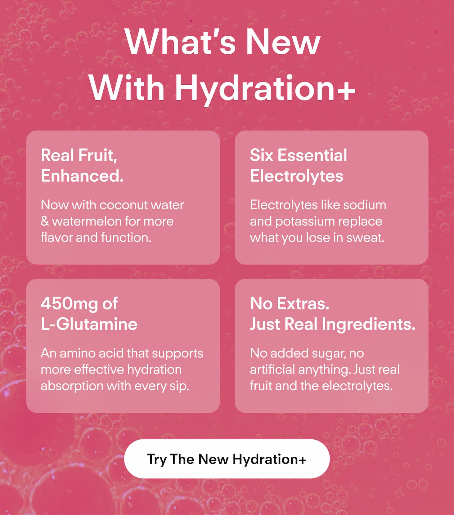 What's new with Hydration+: Real fruit, enhanced. 6 essential electrolytes. 450mg of L-Glutamine. No extras, just real ingredients.