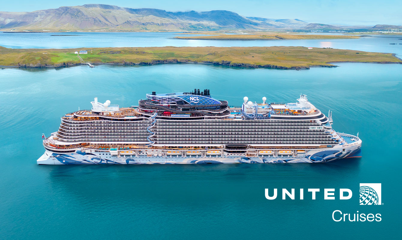 A cruise ship sales from its port. United Cruises logo.