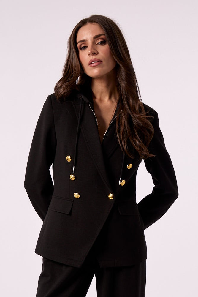 Helen Double Breasted Blazer With Hoodie Insert in Black