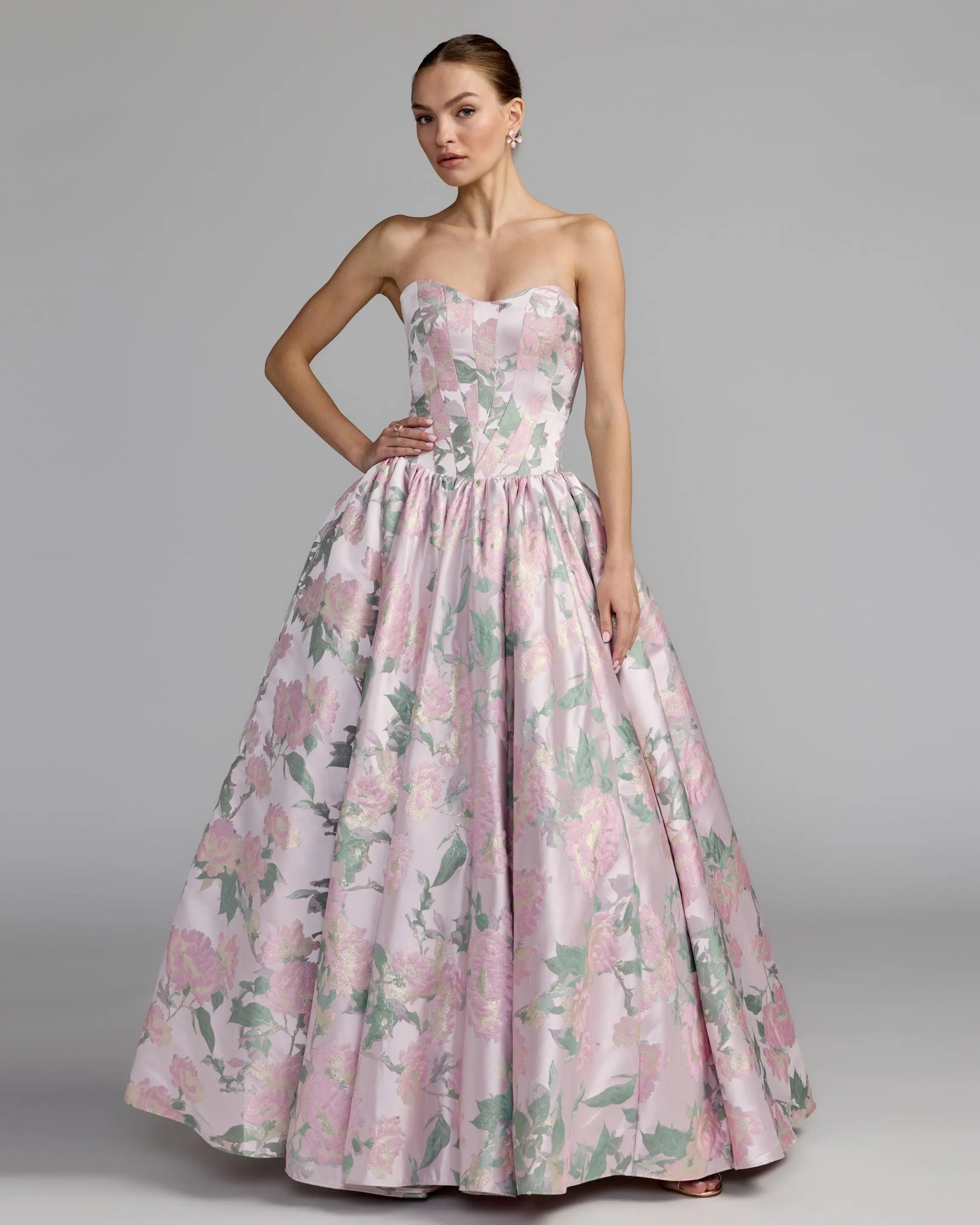 Image of Pink Floral Strapless Ball Gown With Pockets