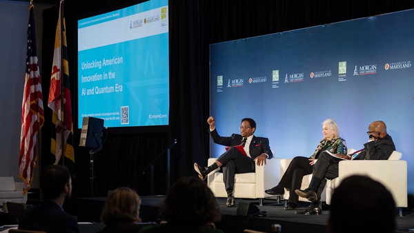 UMD President Darryll J. Pines, Deborah Wince-Smith and Willie May sit on stage during conference
