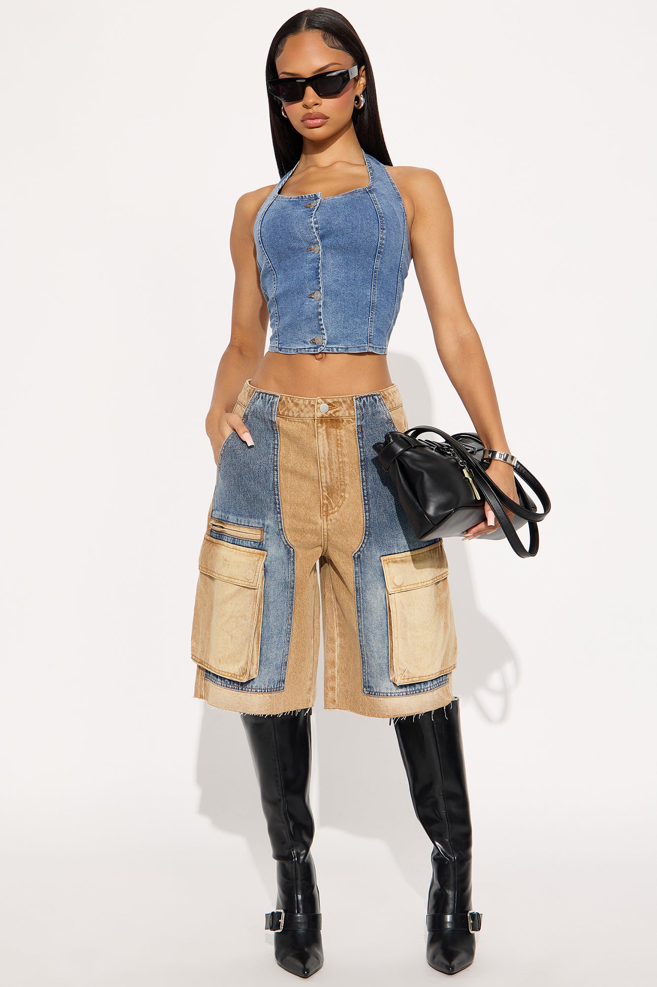 Image of Sahara Cargo Denim Jorts - Tan/Multi