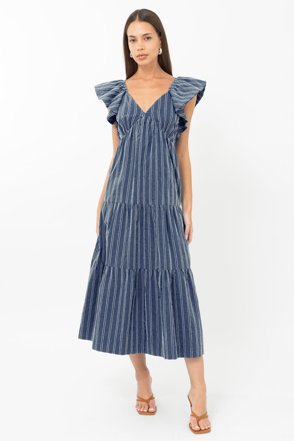 Image of Shannon Striped Flutter Sleeve Tie Back Midi Dress