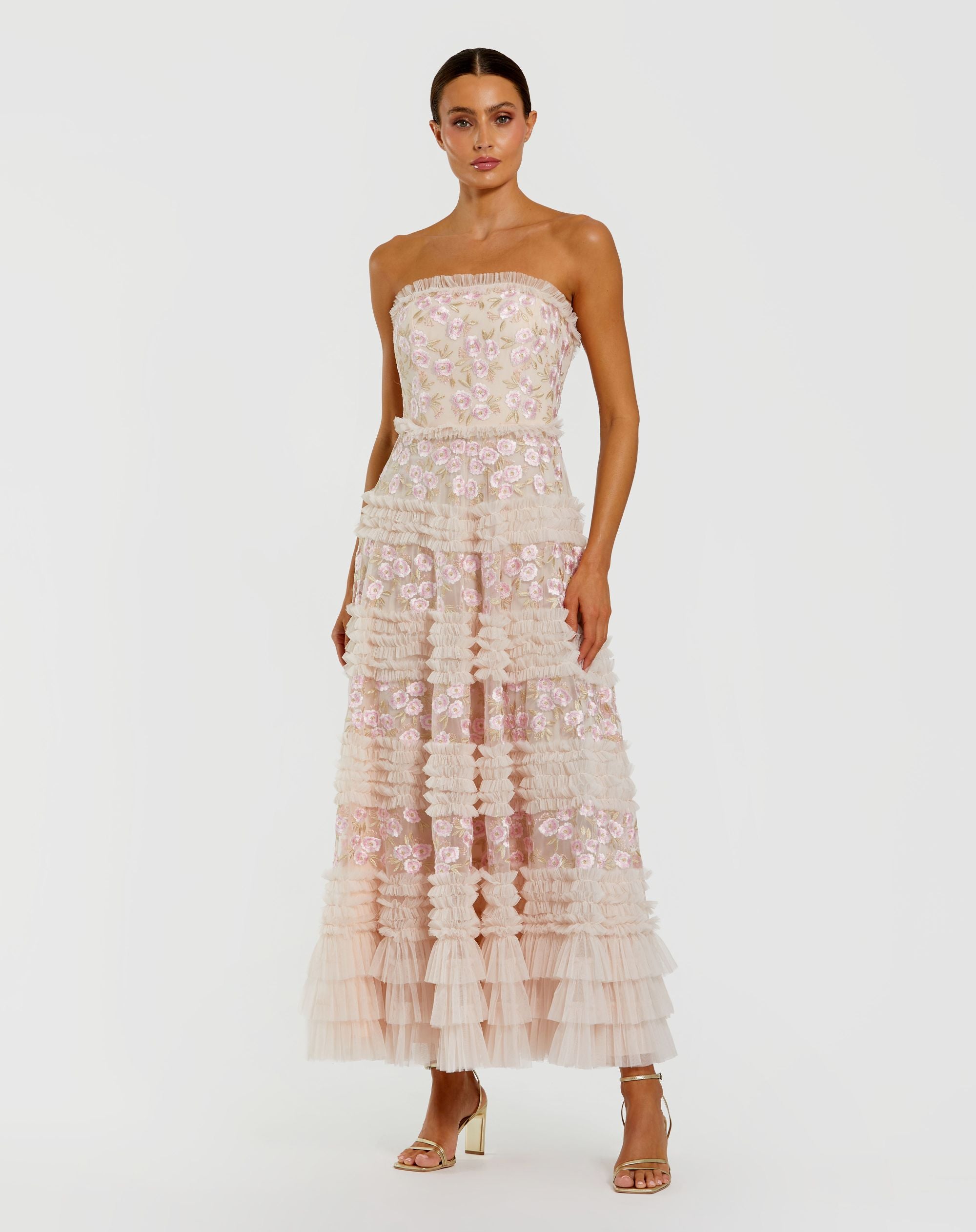 Image of Pink Floral Embroidered Strapless Ruffle Maxi Dress