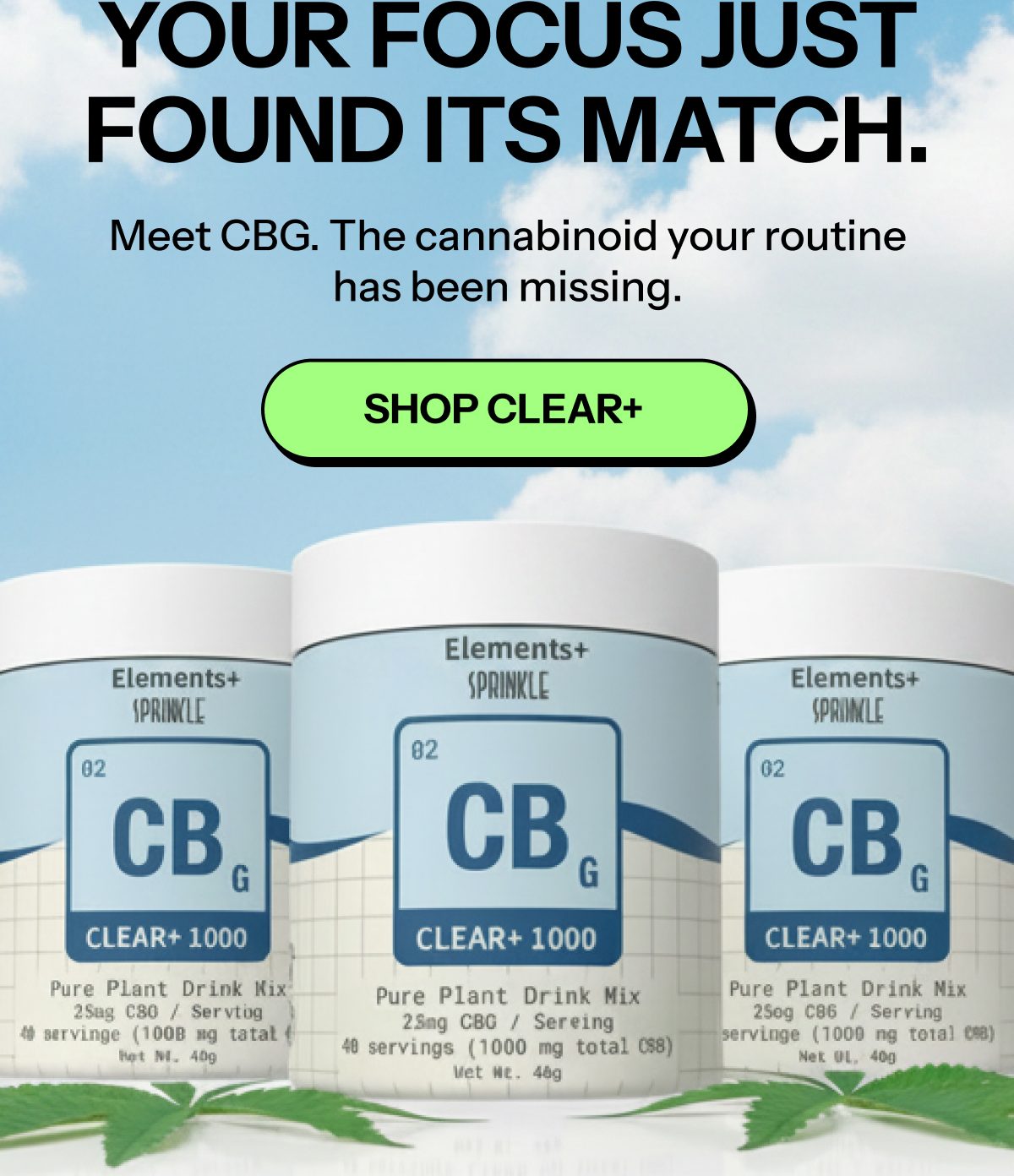 Three containers of drink mix labeled CBG, with a focus on wellness and routine.