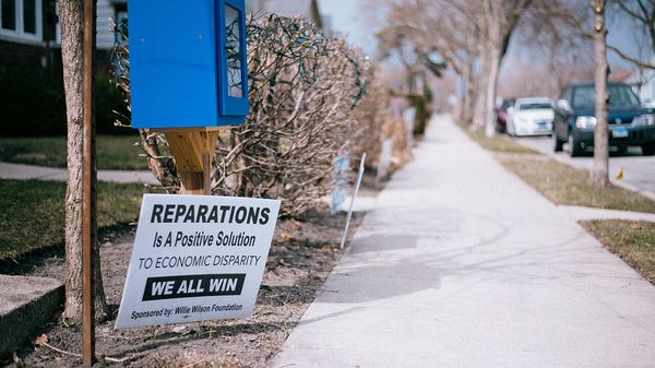 Posters caling for reparations in Evanston, Illinois