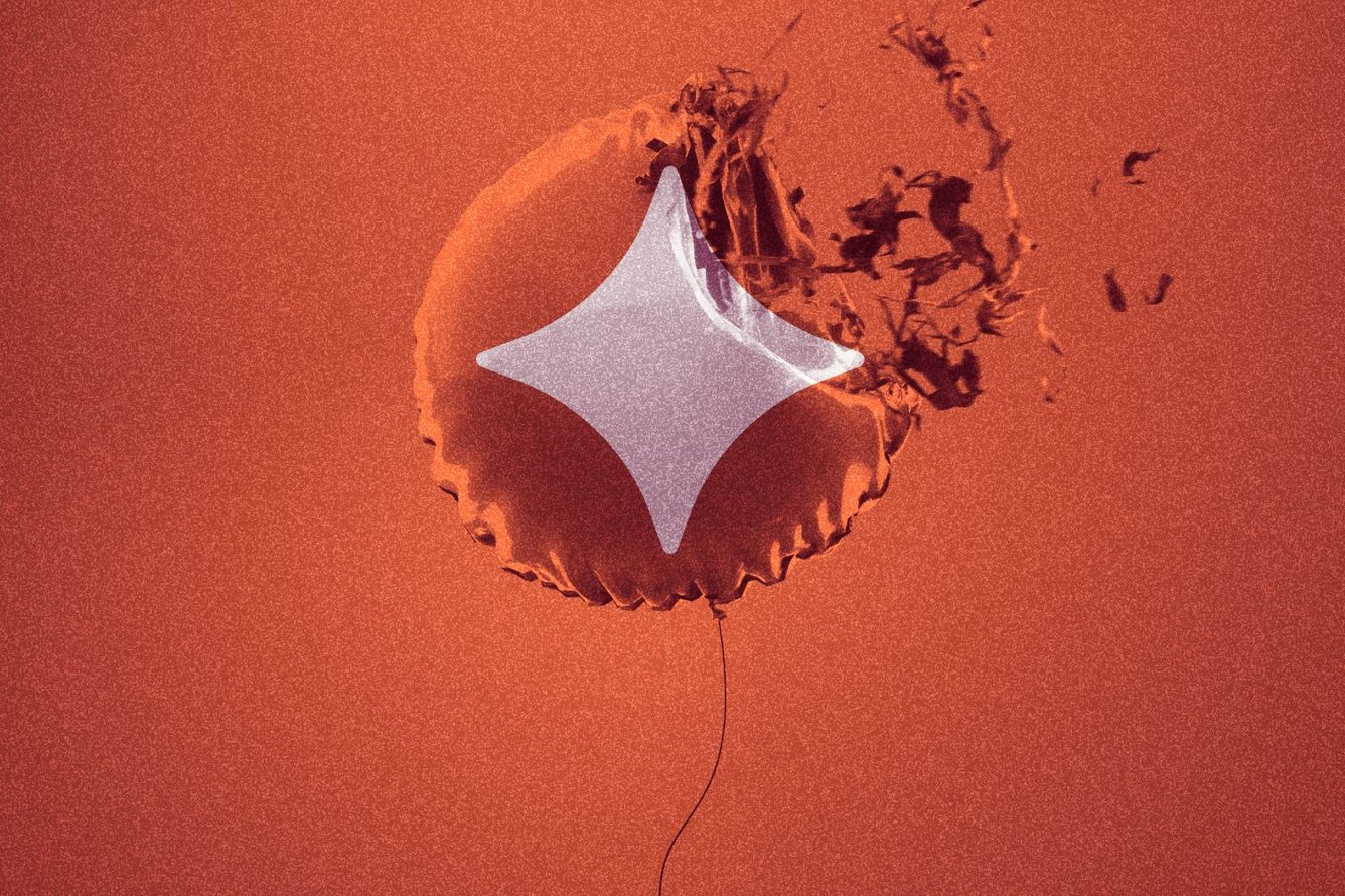 Printmaking-style collage in ominous shades of red showing a mylar balloon popping, with a white AI spark (4-sided star) on it.