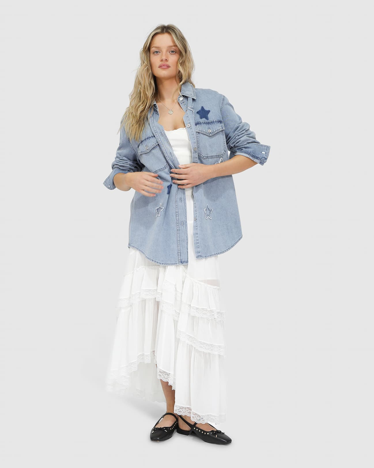 Stargazer Patch Detail Denim Shirt - Stonewash