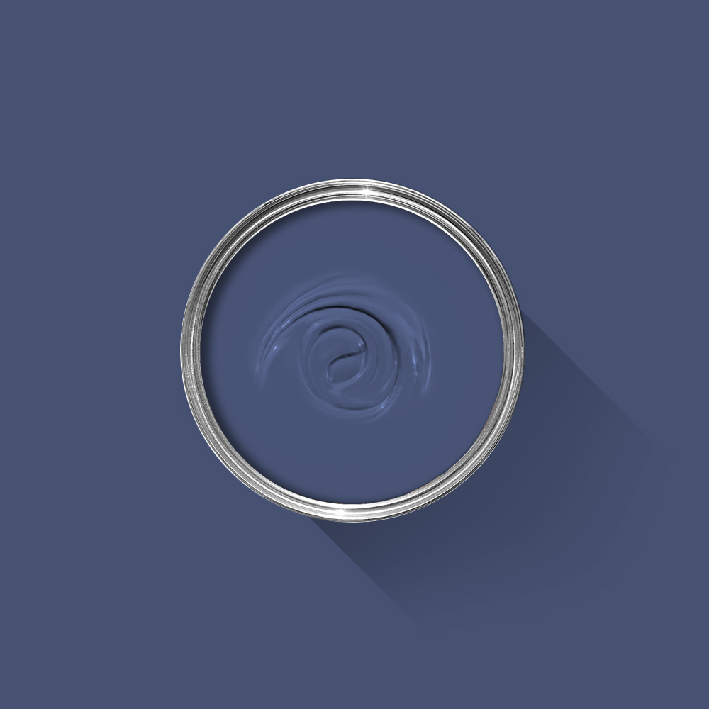 A photo looking down on a Farrow & Ball sample pot filled with Drawing Room Blue