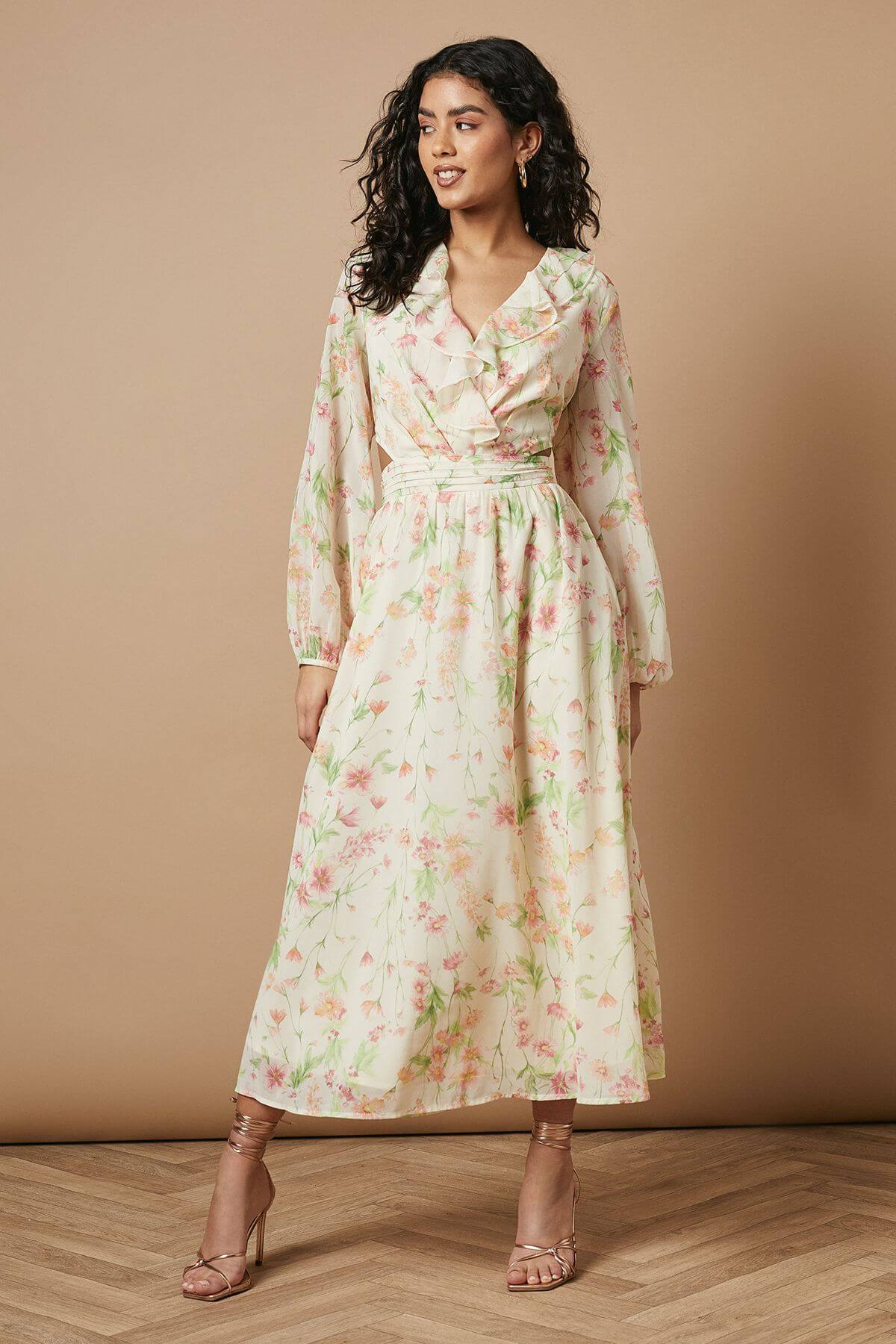 Petite Printed Cut Out Long Sleeve Midi Dress