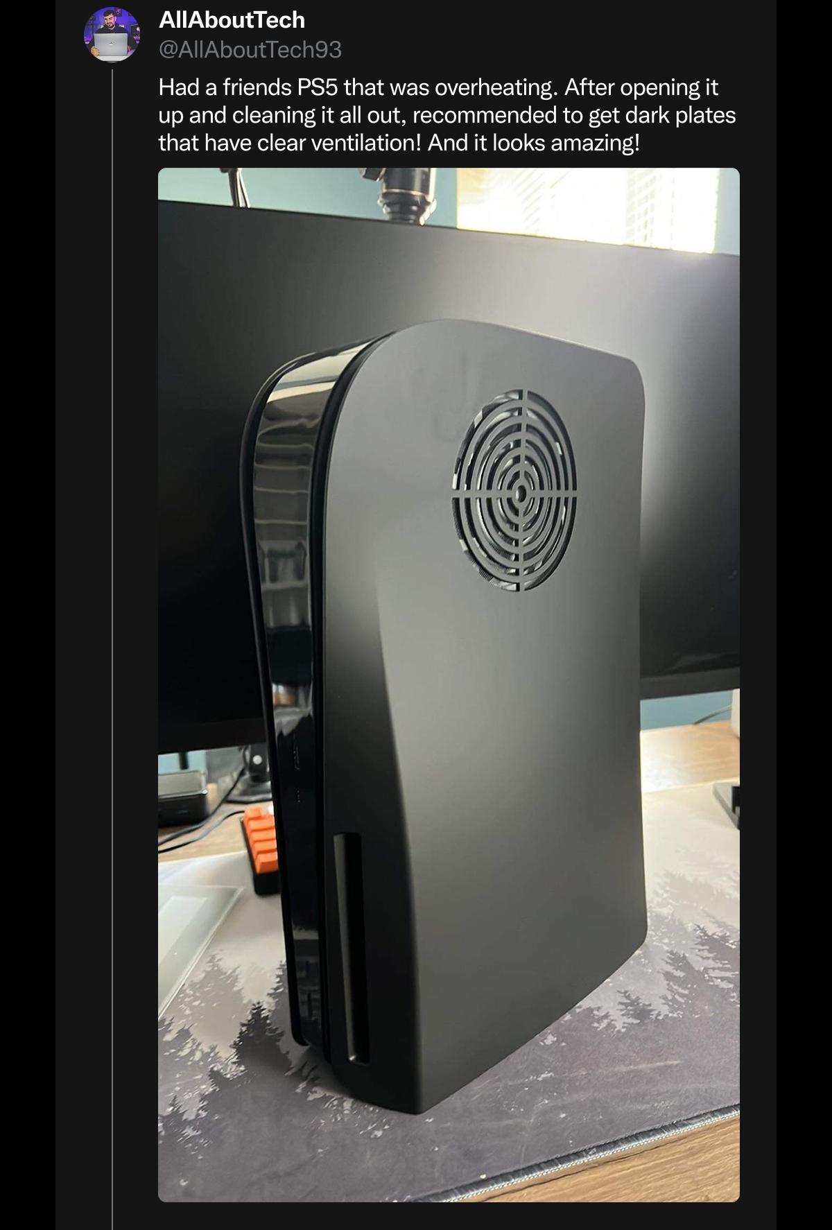 @AllAboutTech93 on Twitter: "Had a friends PS5 that was overheating. After opening it up and cleaning it all out, recommended to get dark plates that have clear ventilation! And it looks amazing!"
