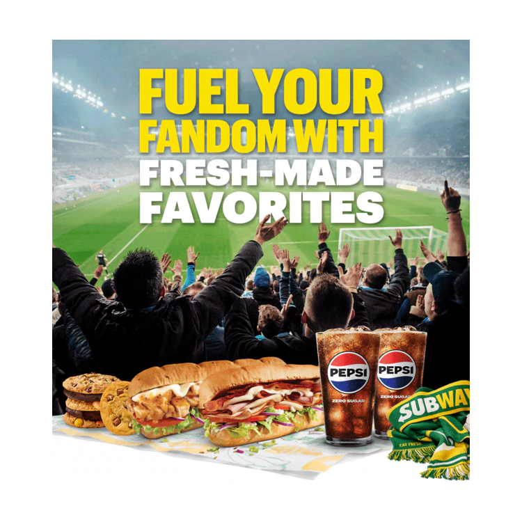 Promotional email for Subway® soccer-themed offers. Headline reads “Fuel your fandom with fresh-made favorites.” Text includes “Time for a sub” and a “Plan my party” button. An additional section promotes a limited-time deal, including a $6.99 footlong. Imagery shows subs, Lay’s chips, Pepsi beverages, and a group setting. A catering section highlights options for larger groups with assorted drinks and sandwiches, with call-to-action buttons including “Order now” and “Feed my squad.”