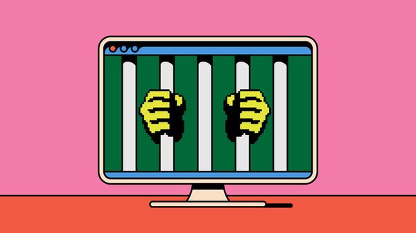 Illustration of a computer screen with pixelated hands holding the bars of a cage on it