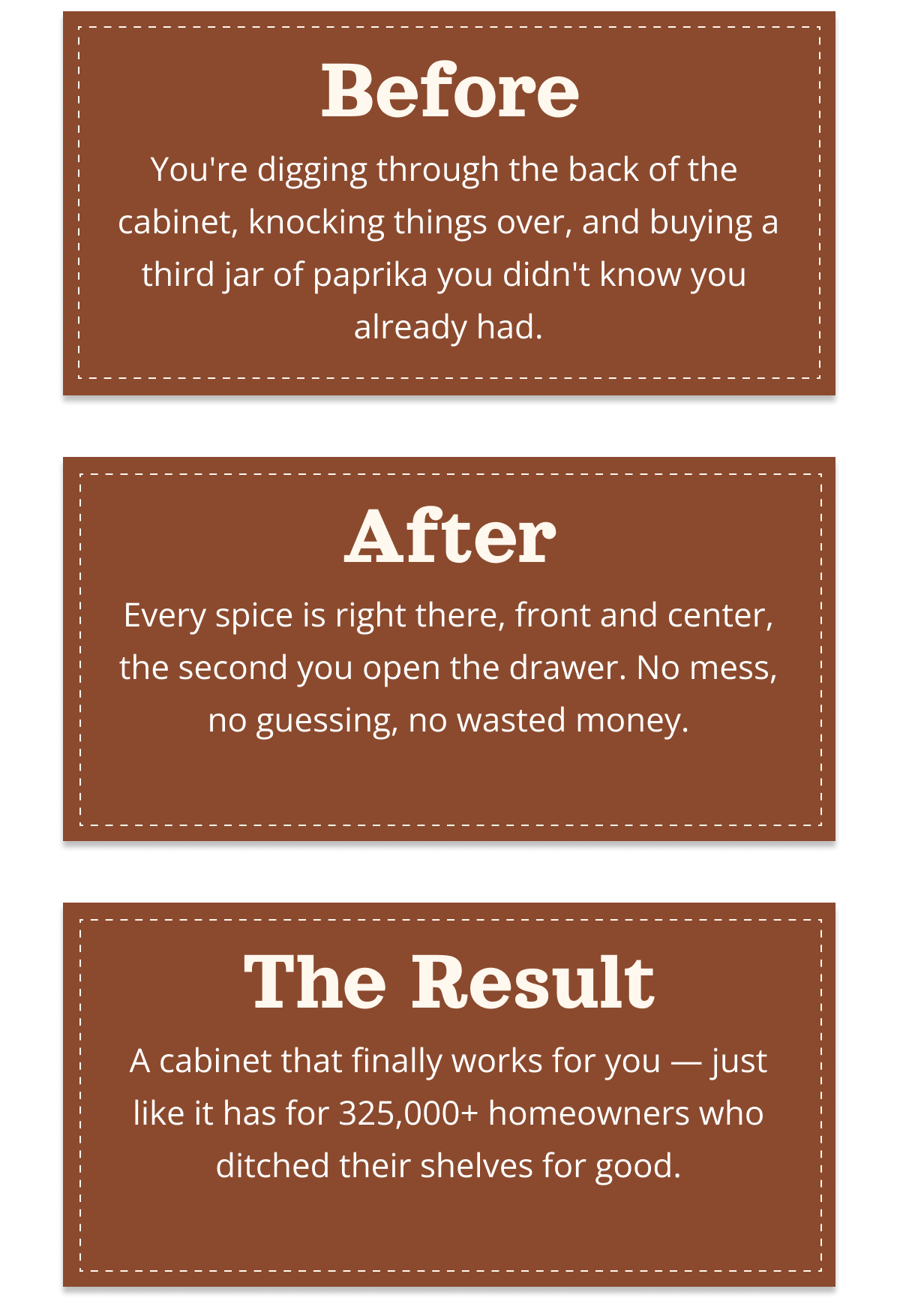 before and after comparison explaining how traditional shelves hide spices in the back and how pull-out spice rack drawers keep every spice visible and easy to reach