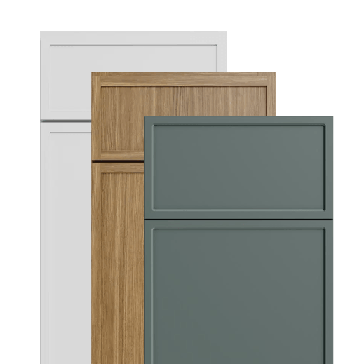 Three kitchen cabinet doors in gray, wood, white.
