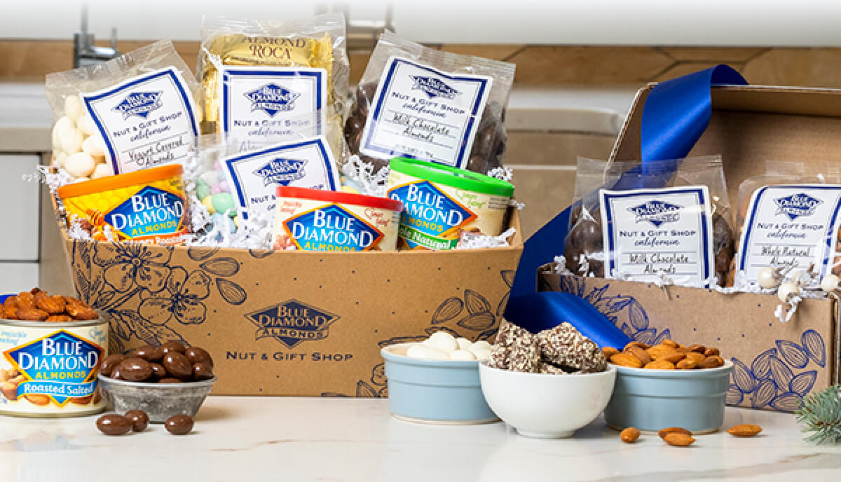 Blue Diamond Almond Products on marble countertop
