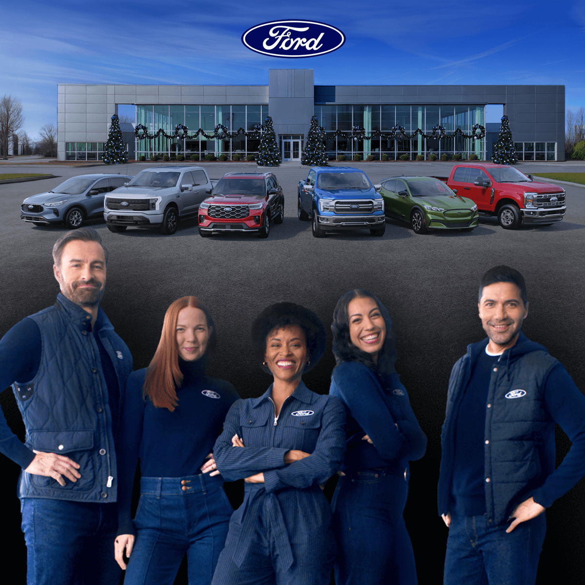 Six Ford vehicles parked in front of a Ford Dealership. Five Ford Crew members are in the foreground.