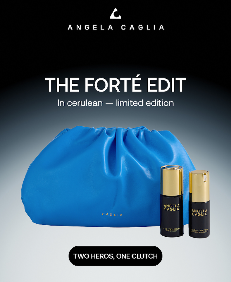 Limited-edition Cerulean Forté Edit featuring the Angela Caglia Cell Forté Serum and Cell Forté Eye Crème alongside an exclusive blue Cerulean clutch. The image includes the headline "The Forté Edit"