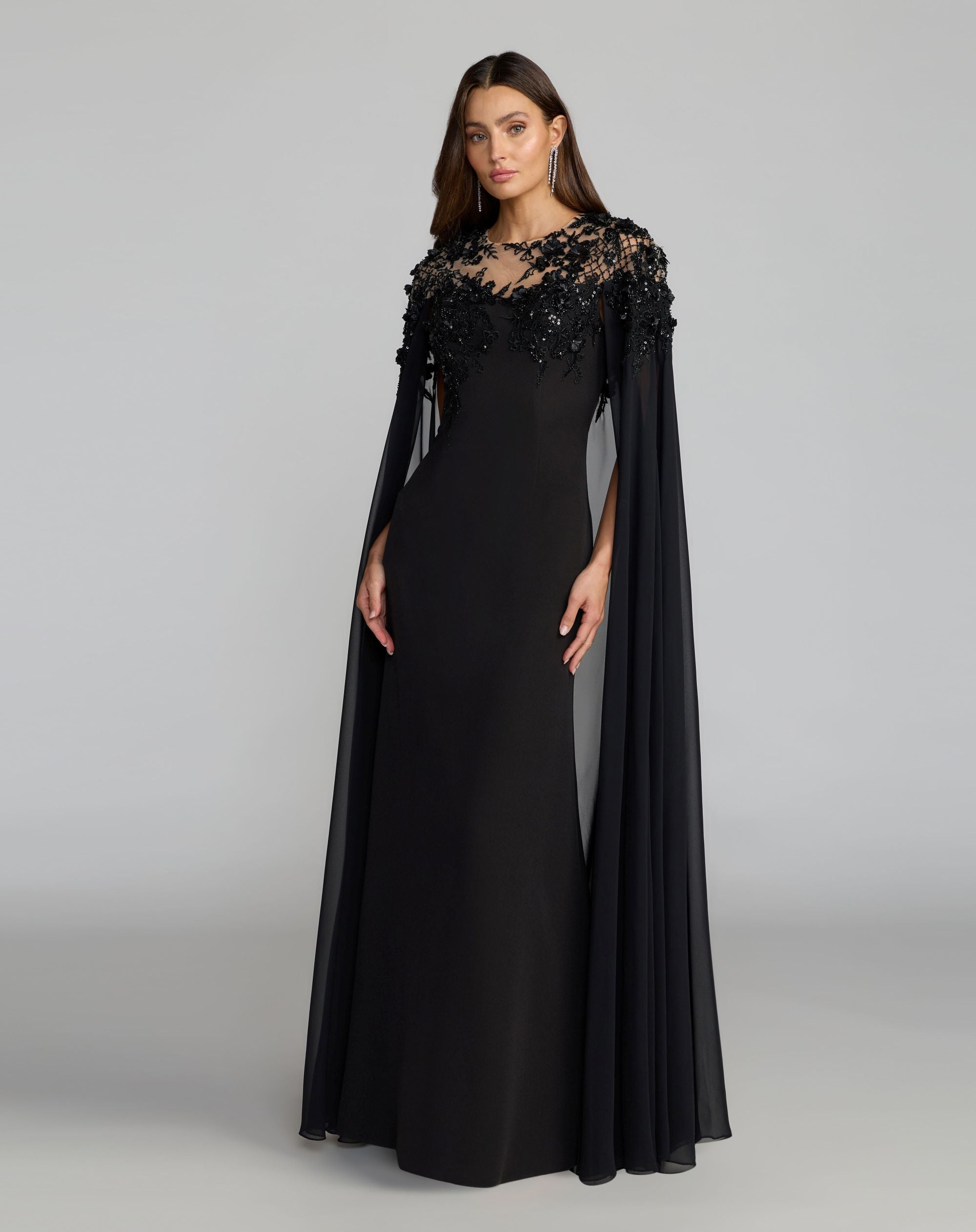 Image of Black Floral Embellished Crepe Gown With Chiffon Cape
