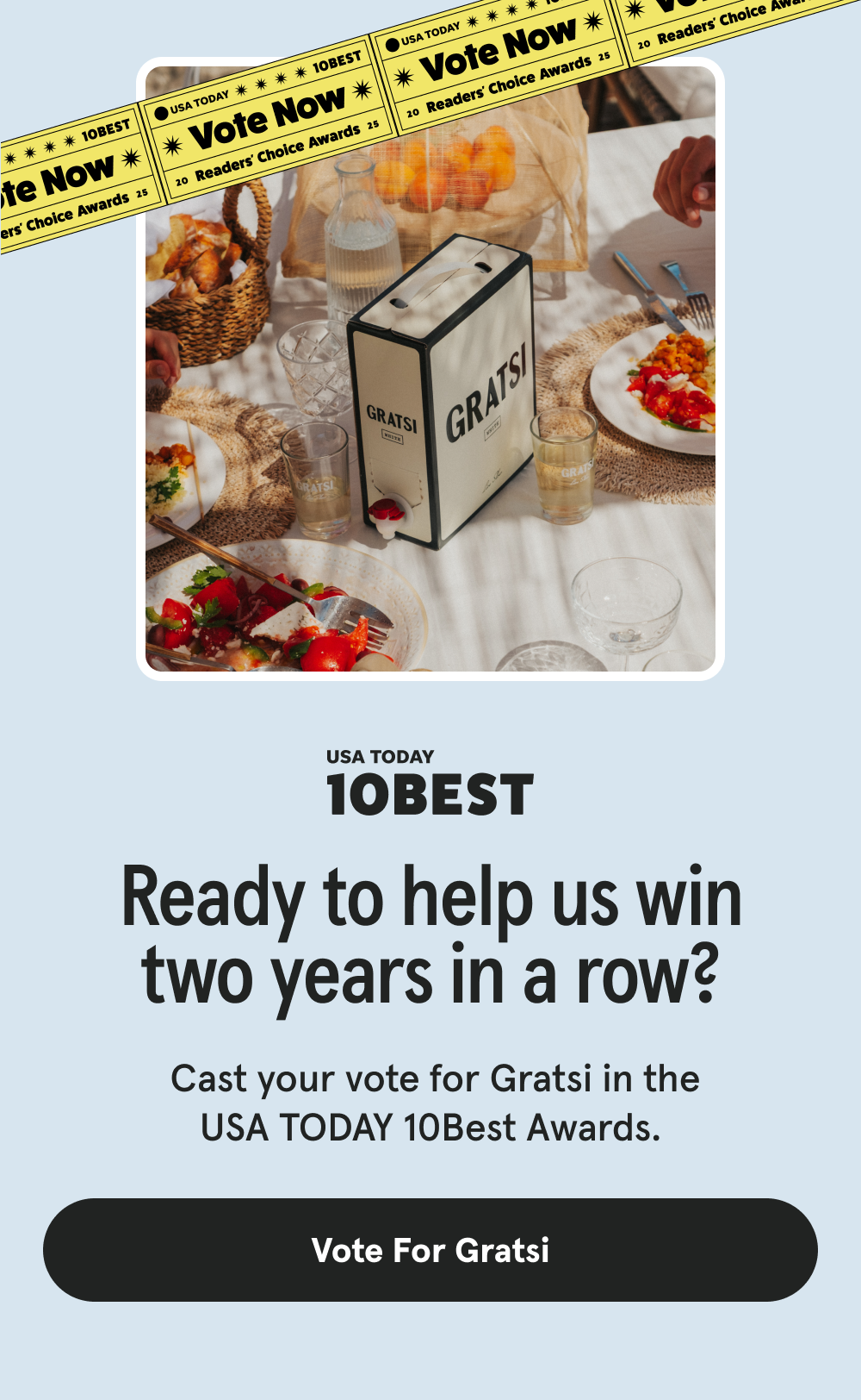 Ready to help us win two years in a row?  Cast your vote for Gratsi in the USA TODAY 10Best Awards. [VOTE FOR GRATSI]