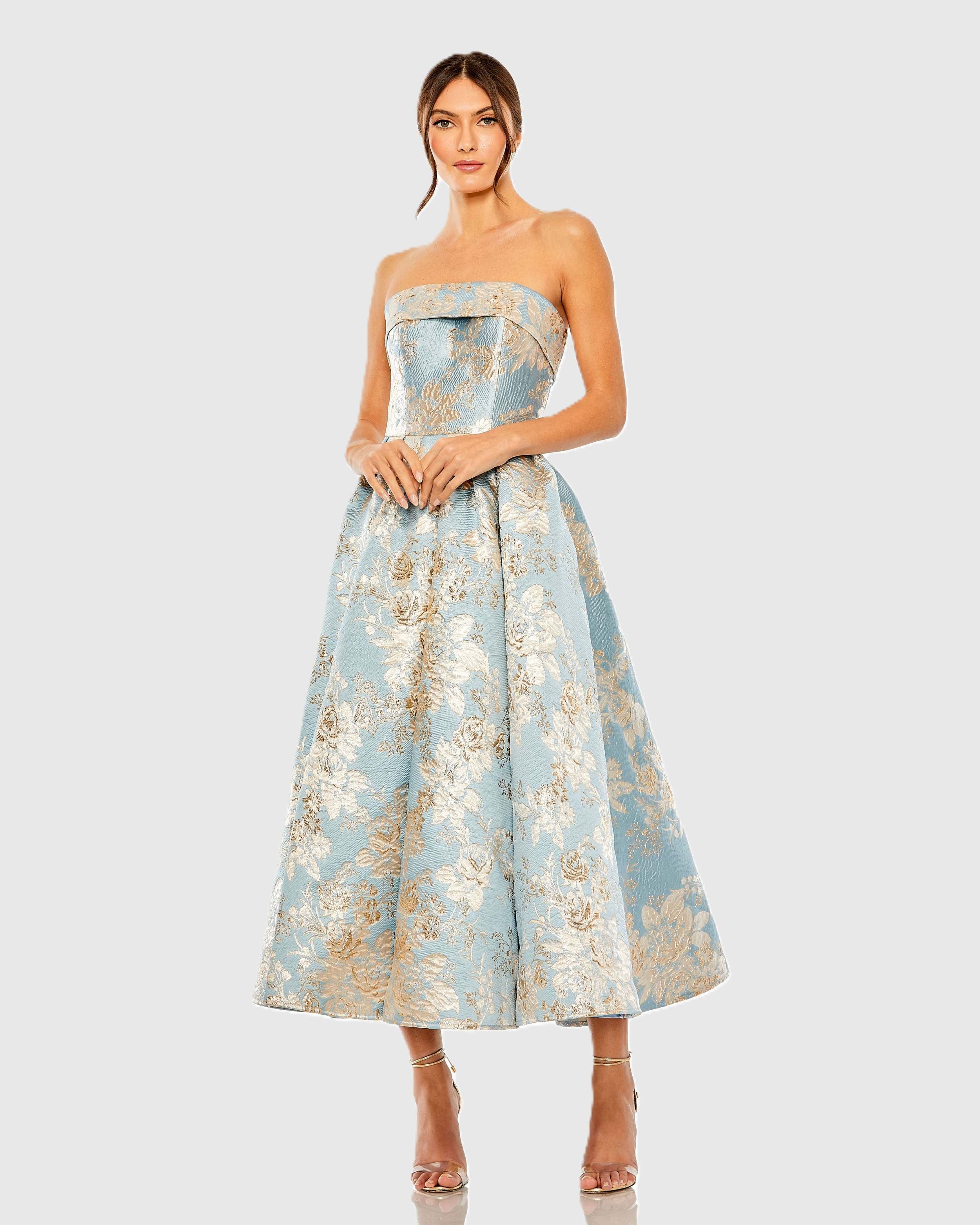 Image of Light Blue Strapless Brocade Midi Dress With Pockets