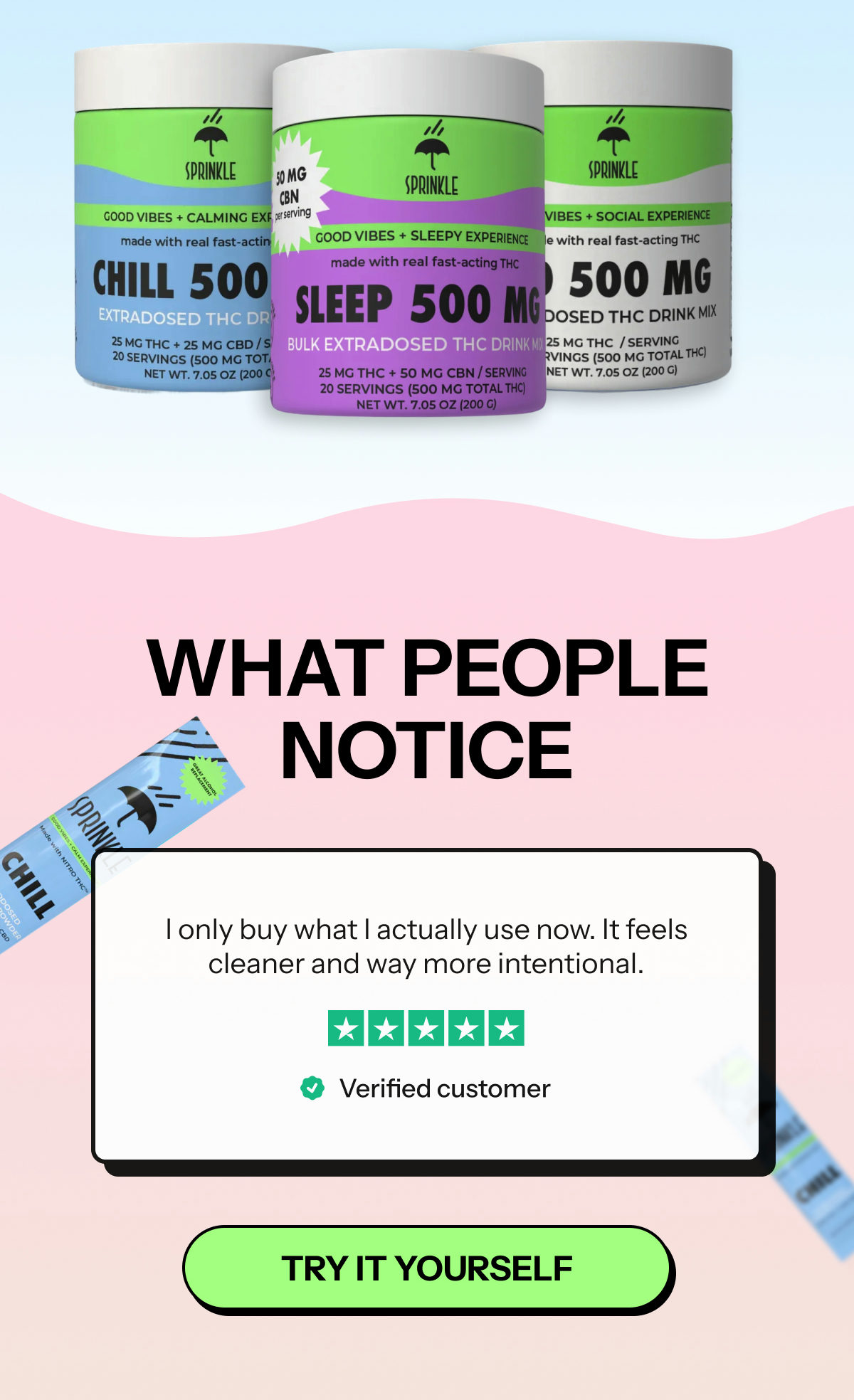 Three product containers with labels for Chill, Sleep, and 500 mg drinks. Customer review with five stars.