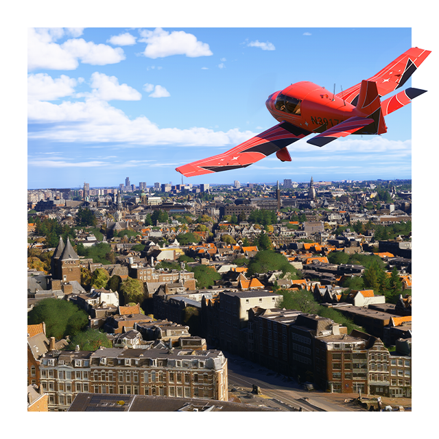 A plane soars over Amsterdam in art promoting City Update 14 in Microsoft Flight Simulator.