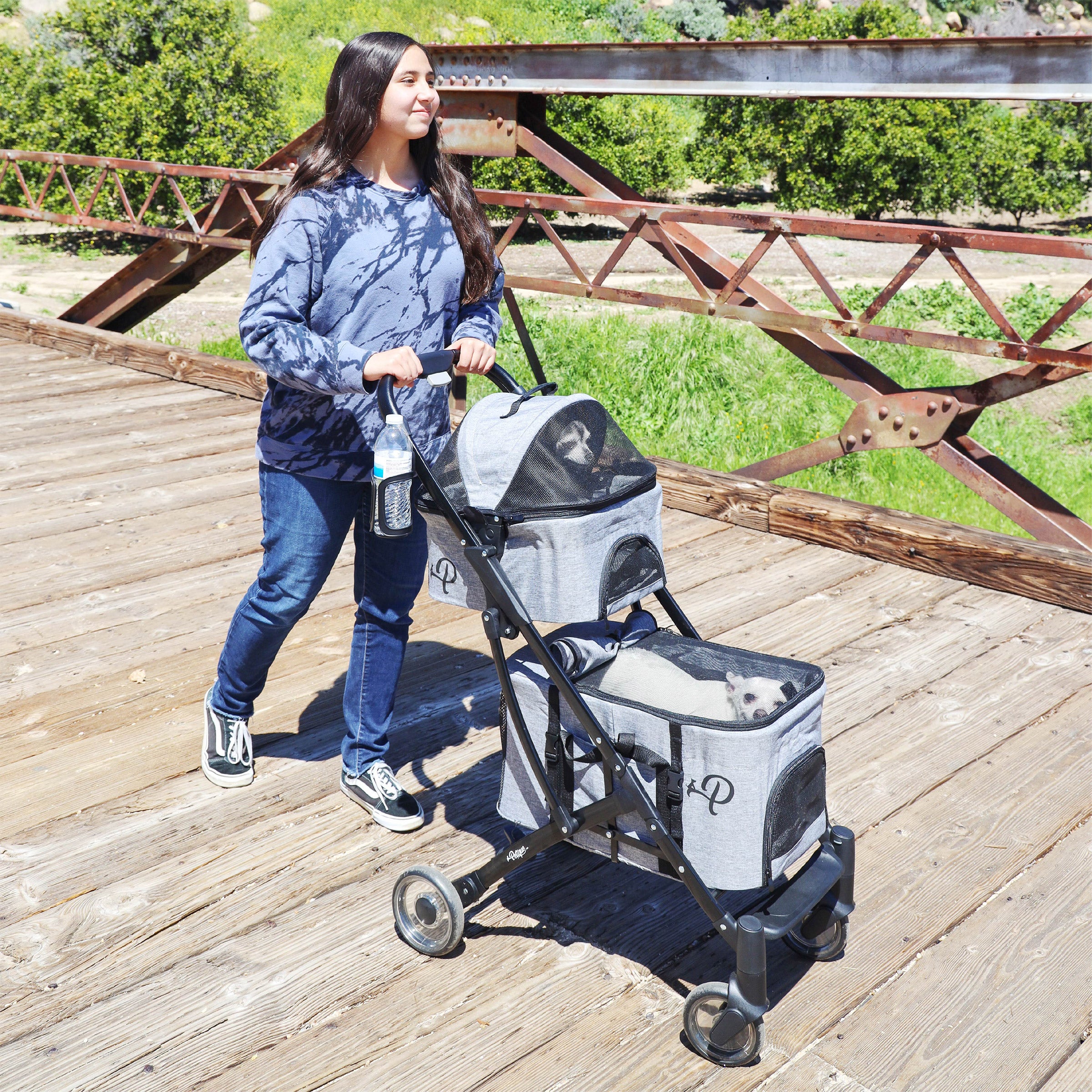 Petique Deluxe Double Decker Gray Pet Stroller with Accessory Bundle
