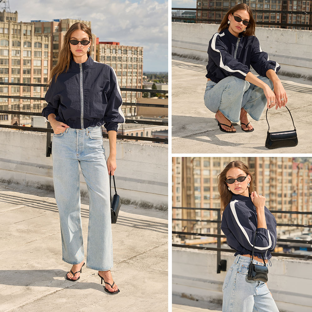 Woman Wearing Contrast Stripe Track Jacket