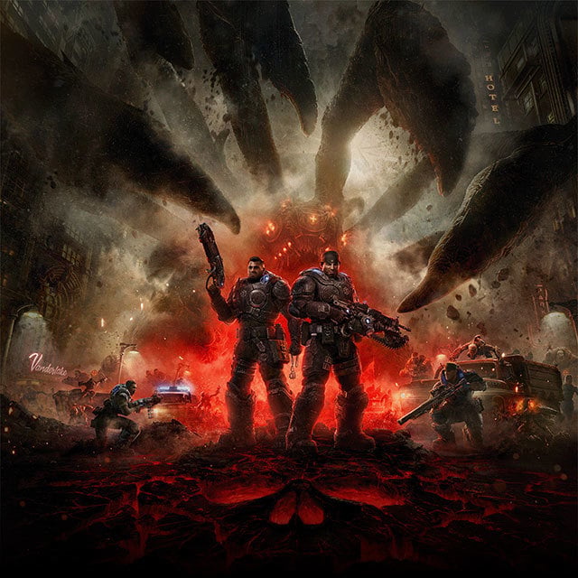 Key art for Gears of War: E-Day depicting the chaos of Emergence Day unfolding around Marcus and Dom.