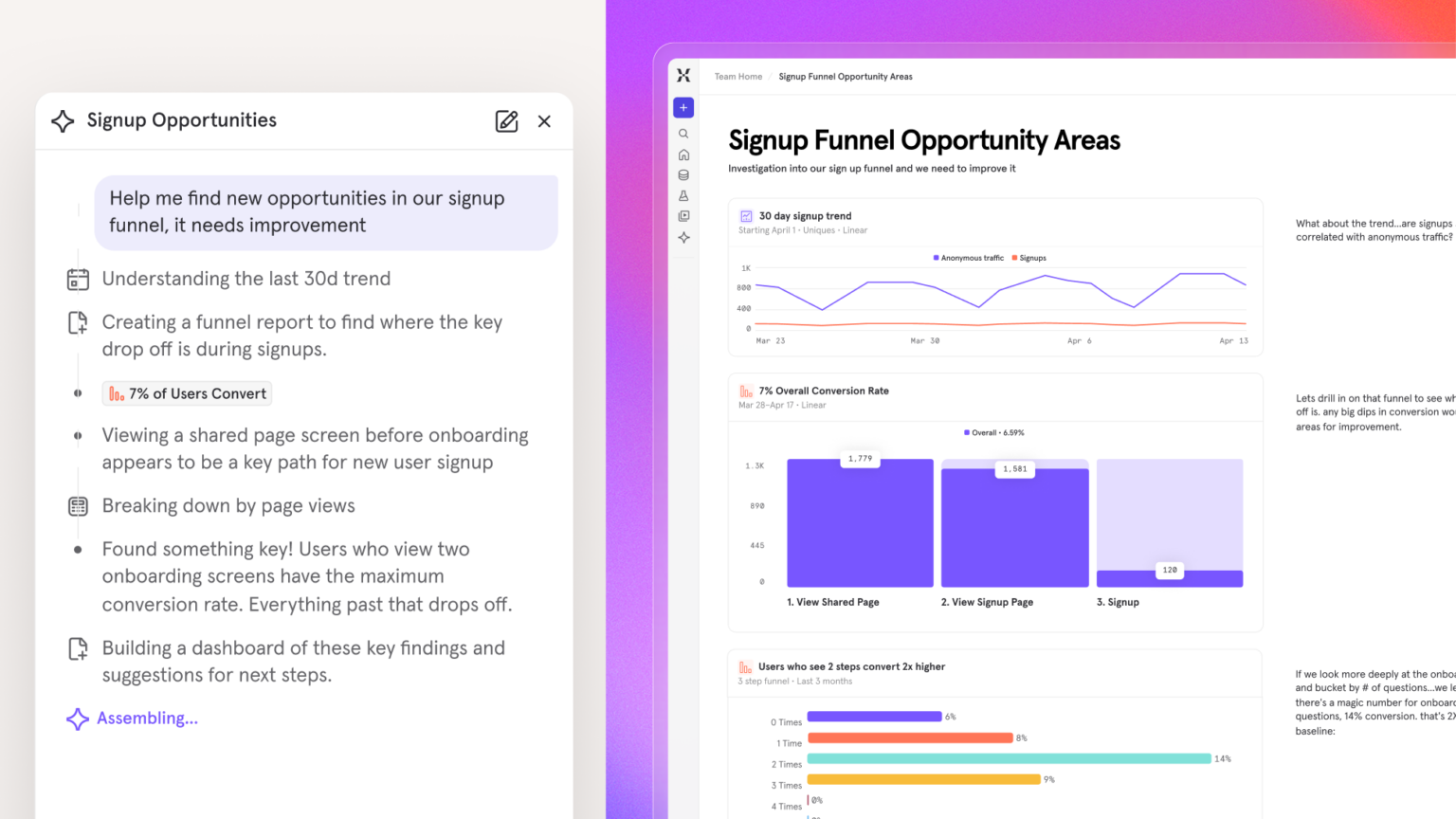 Mixpanel Agent conversational interface on lefthand side with signup funnel dashboard on righthand side