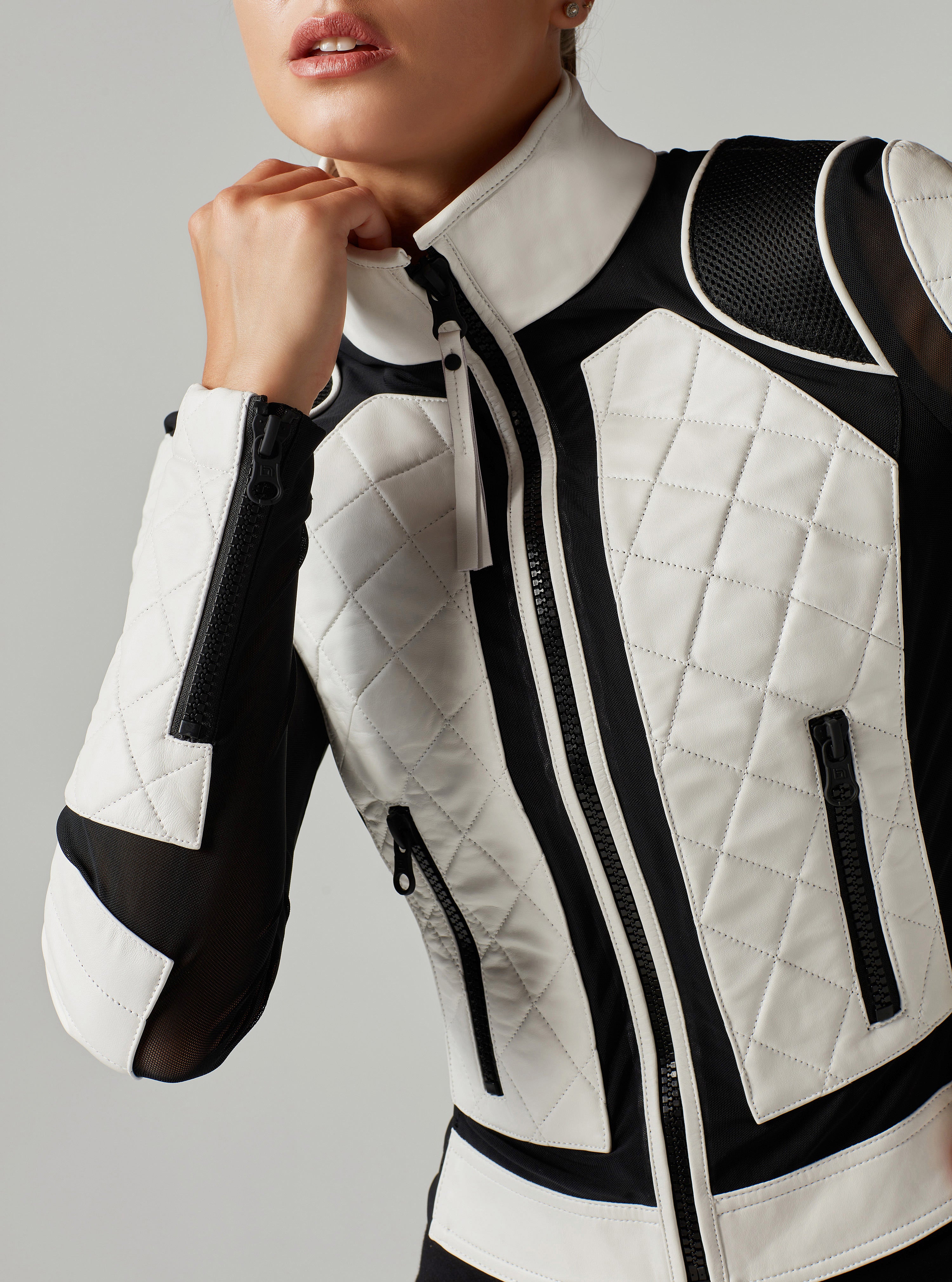 Image of Genuine Leather Mesh Moto Jacket Black/White Colorblock w/Lace Up Back