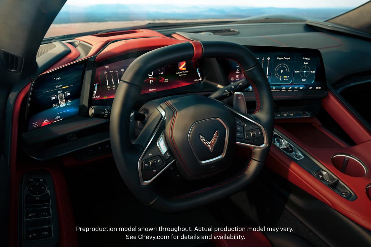 Driver&rsquo;s point of view of the new 2026 Corvette Stingray interior. Preproduction model shown throughout. Actual production model may vary.
