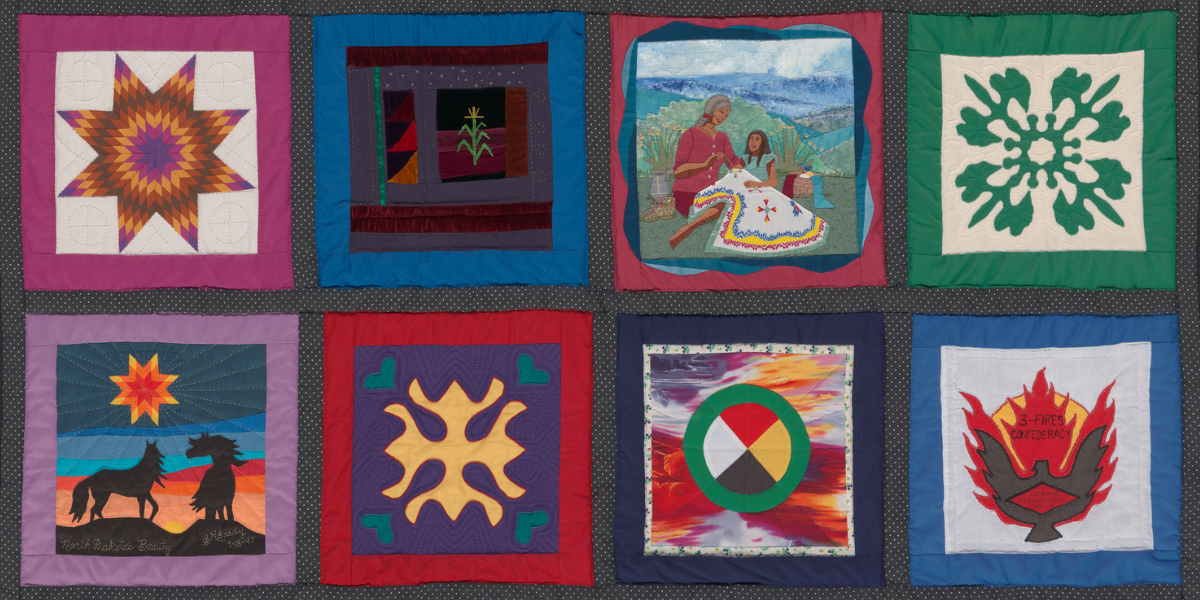 Crop of Individual quilt squares commissioned by the Smithsonian's National Museum of the American Indian and assembled into a single quilt as part of the "To Honor and Comfort: Native Quilting Traditions" exhibit at the NMAI's George Gustav Heye Center in 1997.