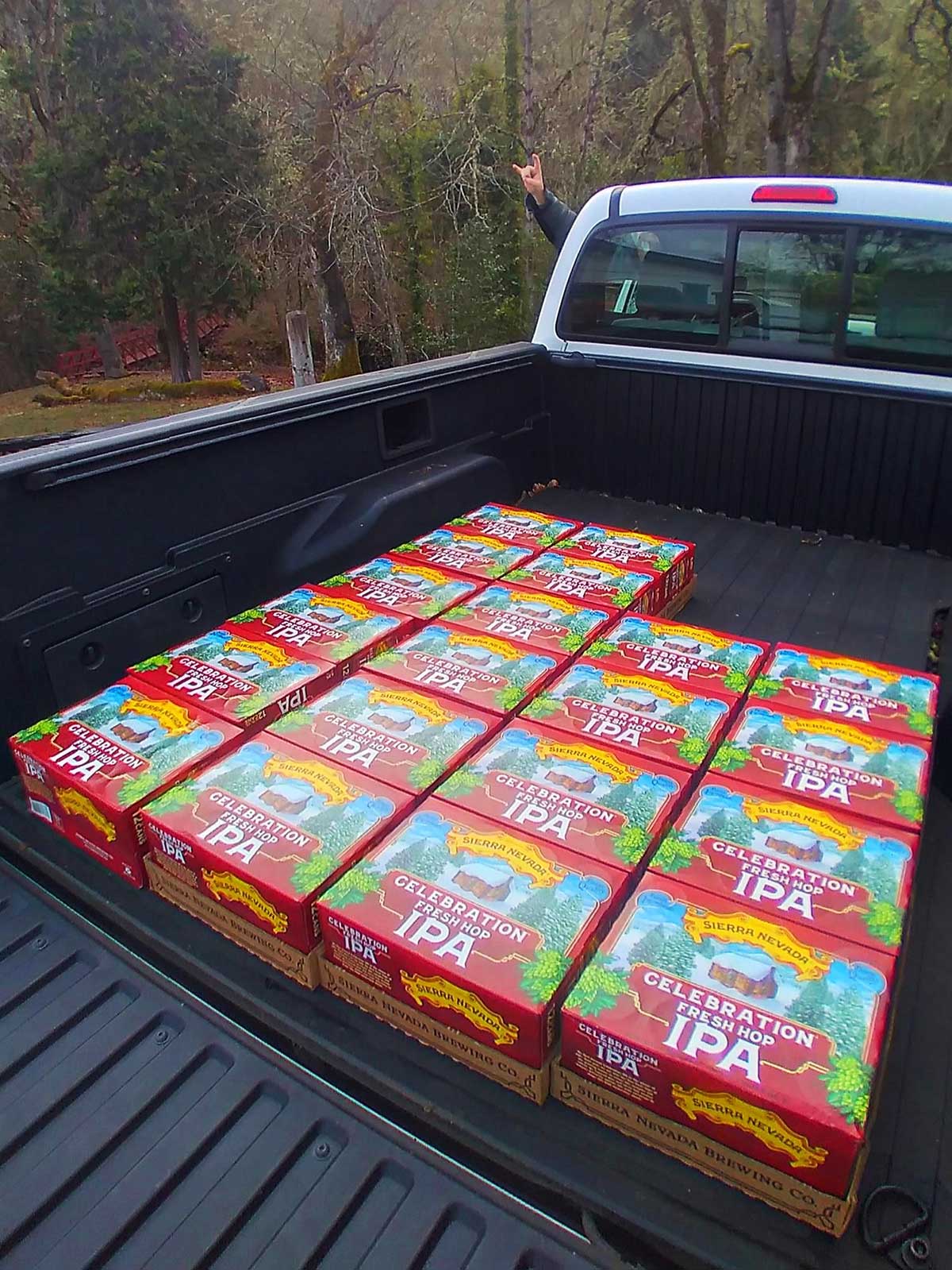 Twenty 12-packs of Celebration IPA in the bed of a pickup truck