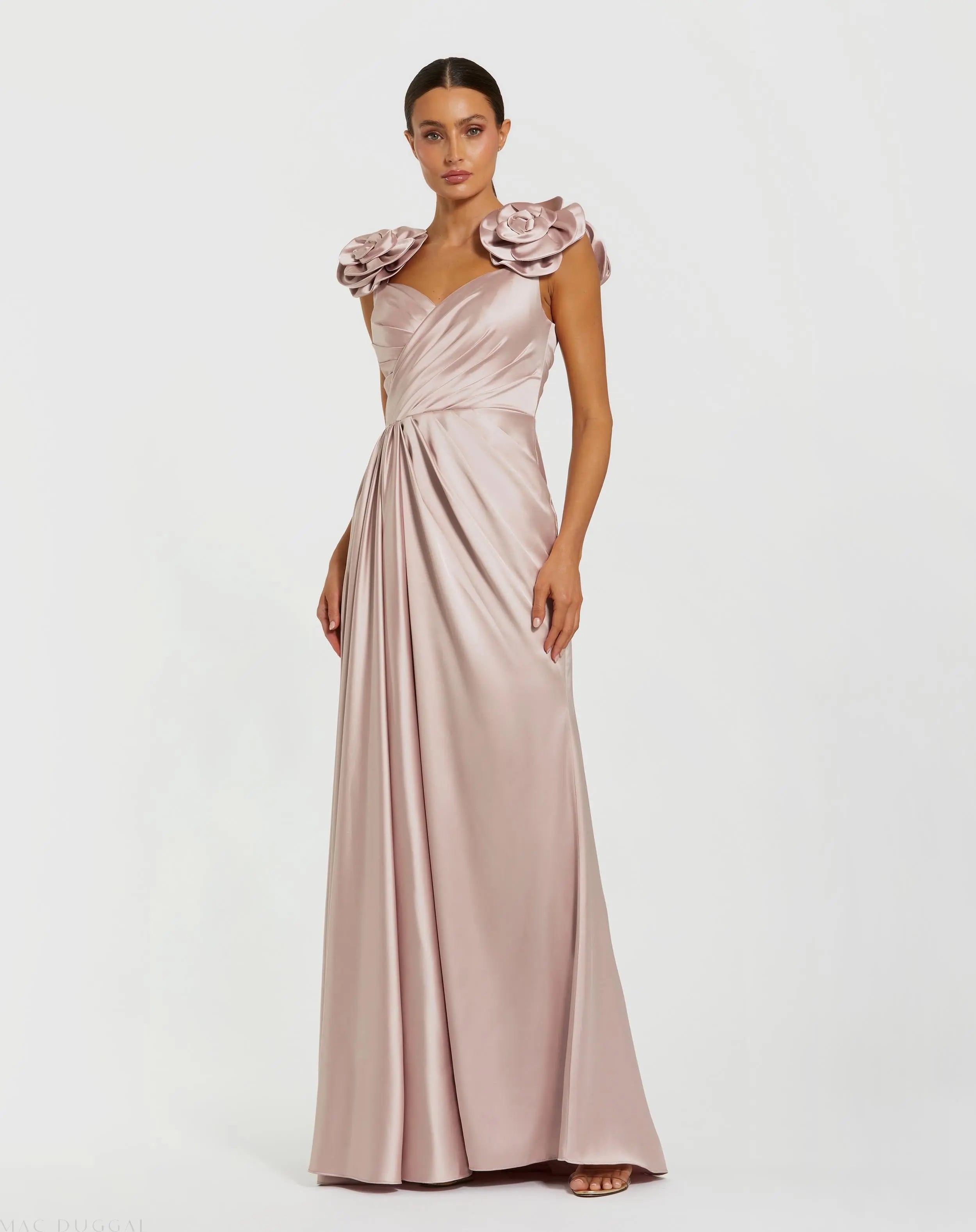 Image of Pink Faux Wrap Satin Gown With 3D Flower Straps