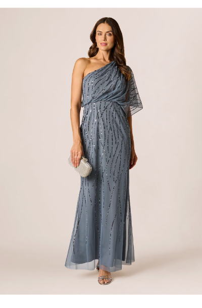 Draped One Shoulder Dress With Sequin Detail In Dusty Blue