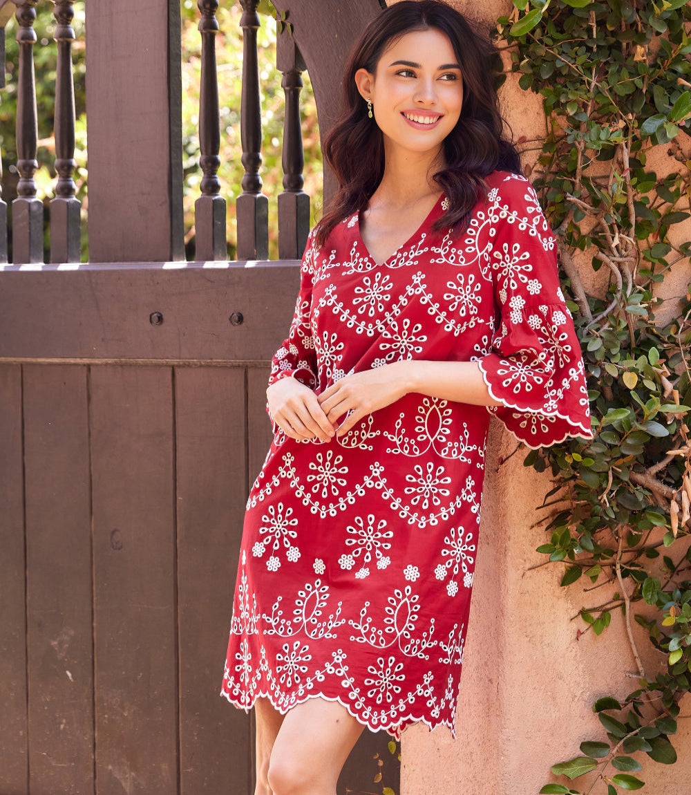 Image of Flare Sleeve Embroidered Dress