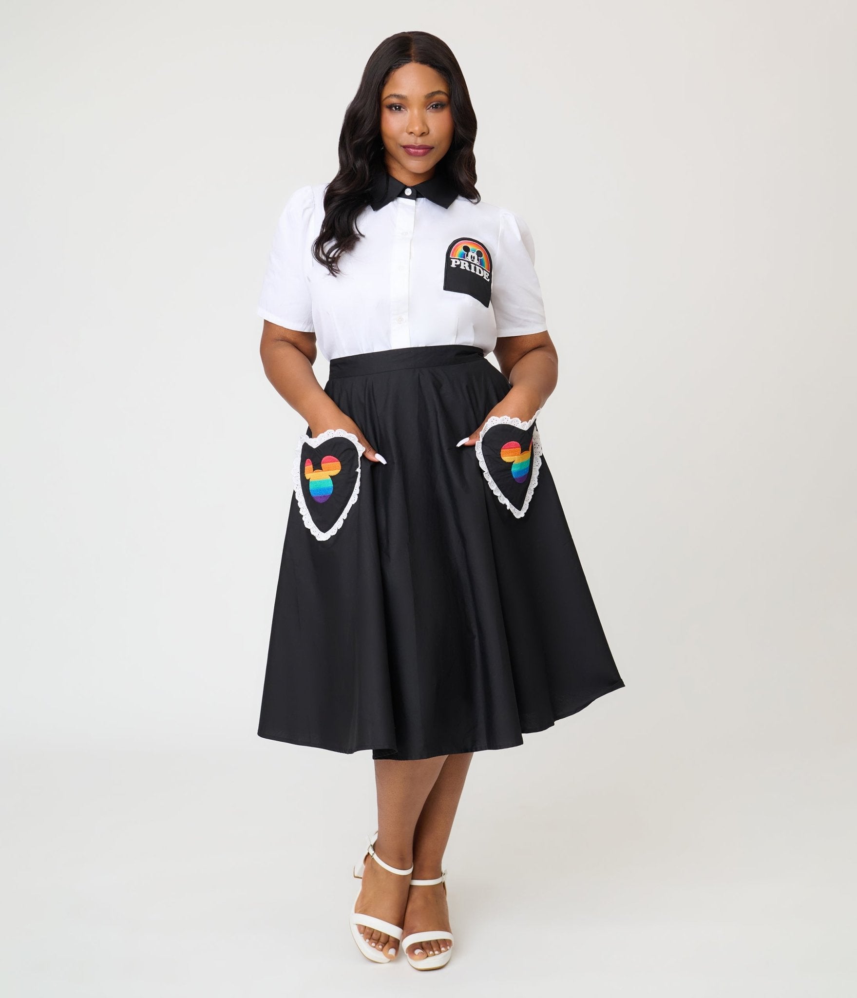 Image of Disney Pride Collection by Unique Vintage Plus Size Black & Mickey Heart Pocket Sally Swing Skirt